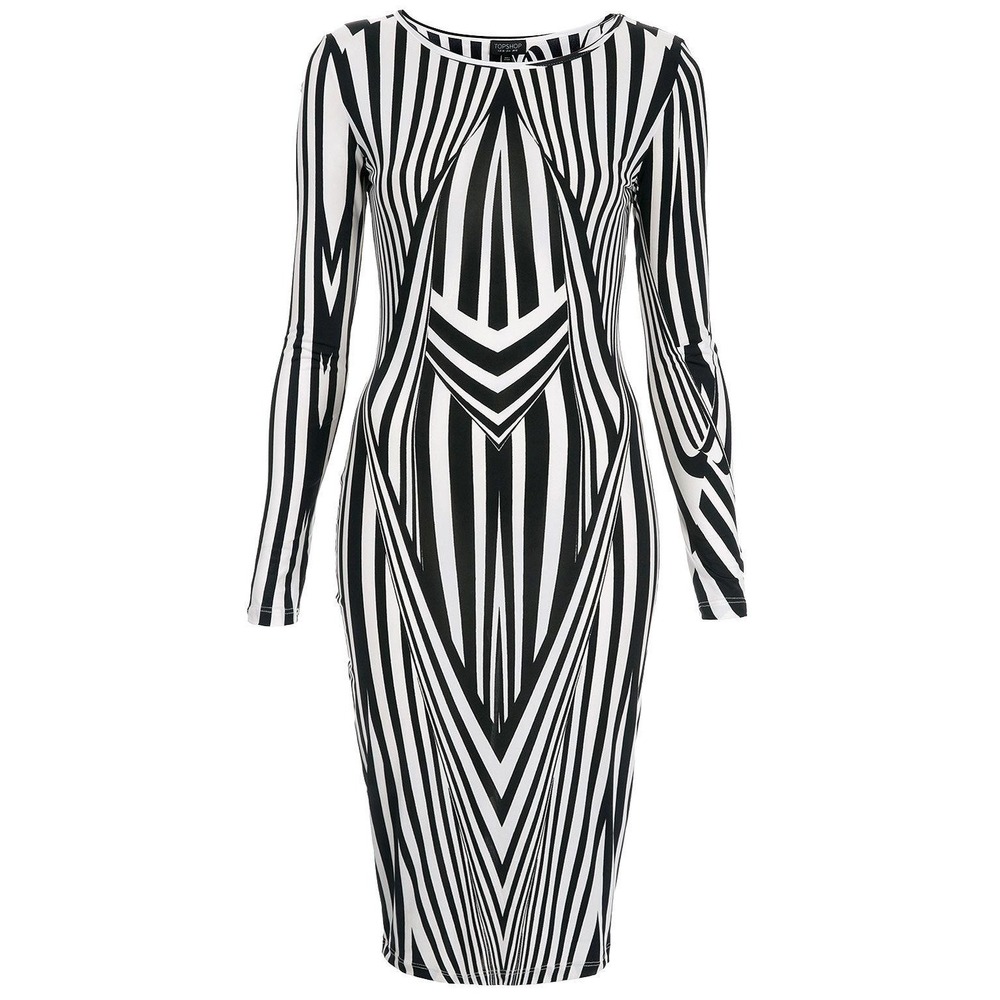 Topshop Women US 4 Black‎ White Geometric Stripe Bodycon Midi Dress